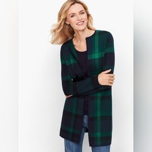 Talbots Long Cardigan XS Blue Green Plaid Merino Wool Preppy Academia Layering